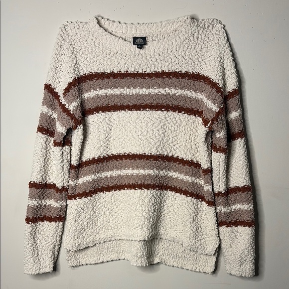 Bobeau Cream and Brown Crew Neck Sweater with Stripes - Picture 2 of 7